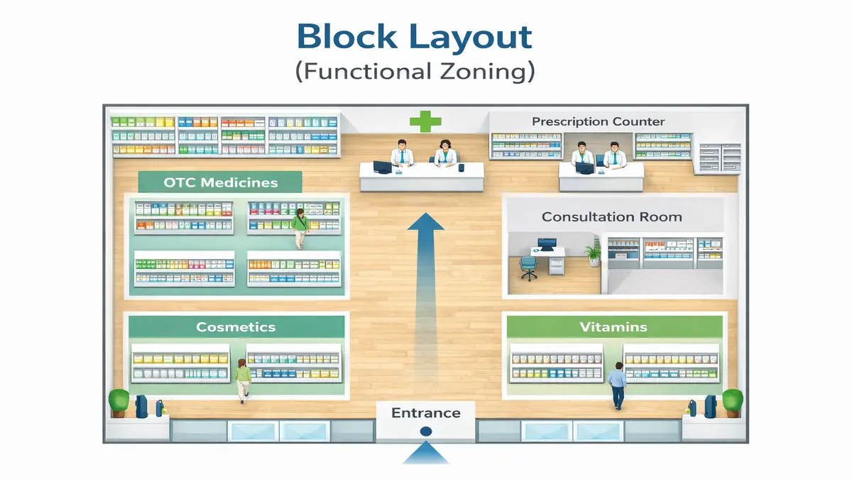 Pharmacy layout in blocks