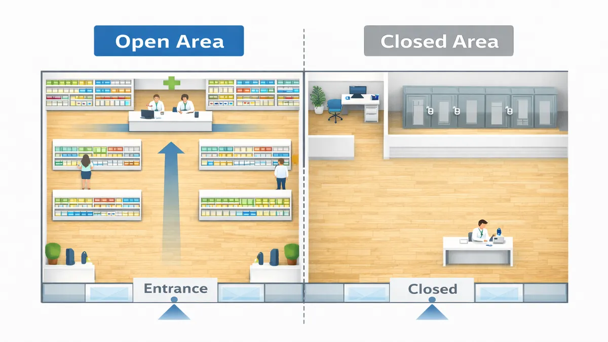 Open and closed pharmacy layout