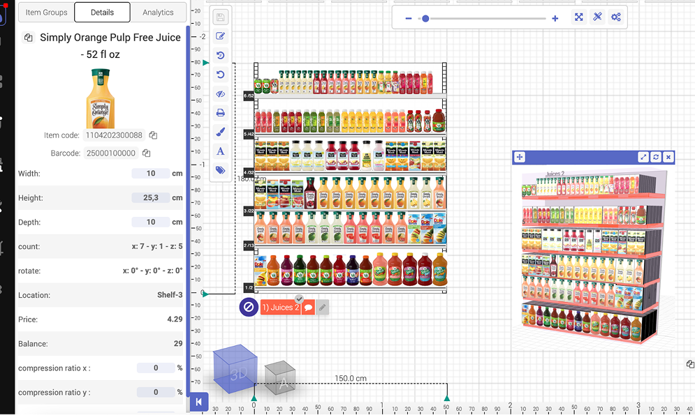 LEAFIO AI planogram and replenishment view for a multi-location convenience chain